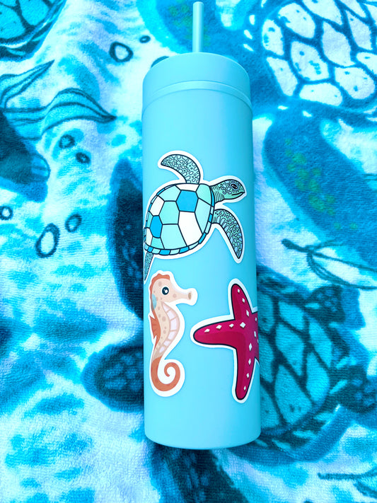 Skinny Matte Tumblers w/ straw, lid, & 3 assorted waterproof ocean stickers